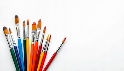 Obraz premium Colorful paintbrushes arranged creatively on white background with copy space