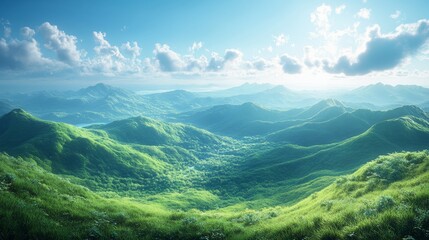 Obraz premium Lush green mountain range under a bright sunny sky.