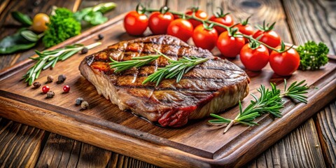 Sizzling grilled steak on a wooden cutting board surrounded by fresh parsley, rosemary, and cherry tomatoes, herbs