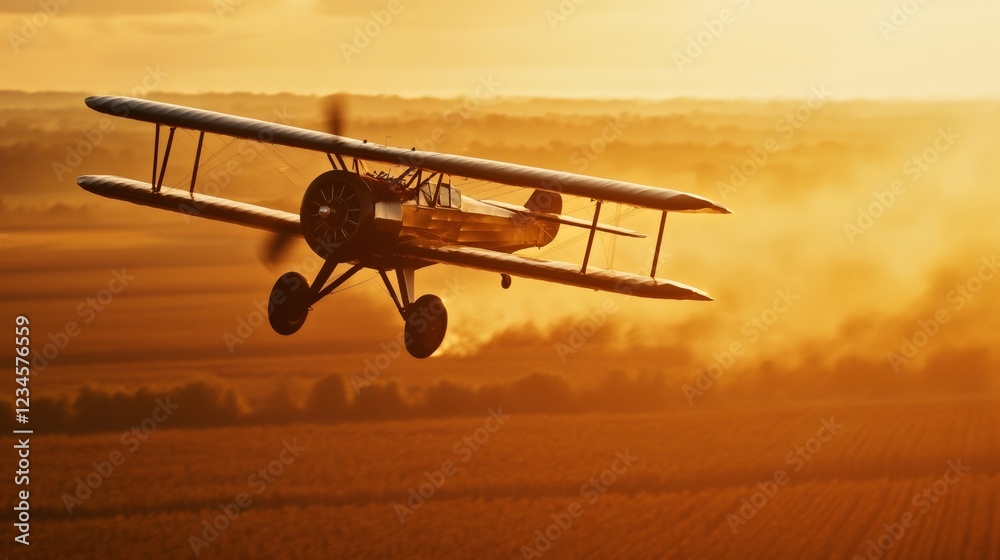 Poster biplane flying low over cultivated fields, leaving a trail of dust during a breathtaking sunset, cre