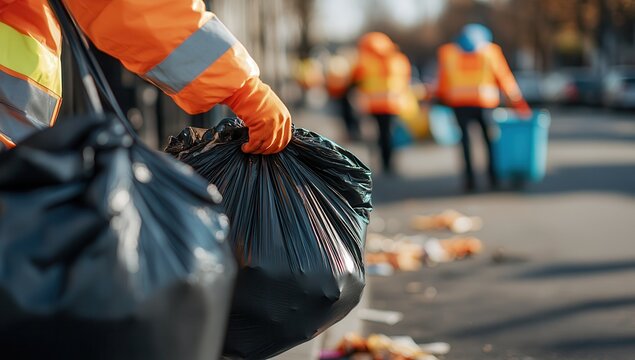 Sanitation workers cleaning street and collecting garbage  
