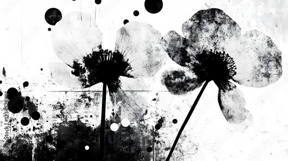 Poster Surreal black and white abstract floral silhouettes with dynamic ink splash effects and soft watercolor like textures creating a dreamy atmospheric and contemplative composition