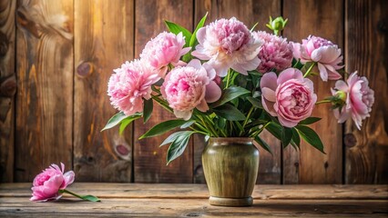 Obraz premium Soft focus, pastel pink peonies in a vase with long stems surrounded by lush greenery in a rustic wooden room, flowers