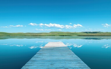 Fototapeta premium A serene summer lake surrounded by rolling green hills, with a wooden dock extending into the calm, reflective water. The bright blue sky and fluffy white clouds are mirrored on the lake’s surface. 
