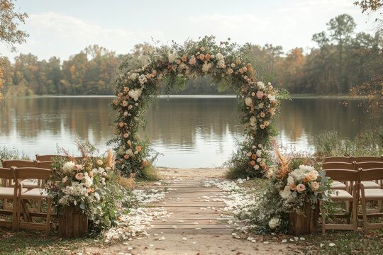 Beautiful floral arch with elegant decor beside a tranquil lake during a fall wedding ceremony