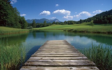 A serene summer lake surrounded by rolling green hills, with a wooden dock extending into the still, reflective water. The calm surface mirrors the bright blue sky and fluffy white clouds above. 