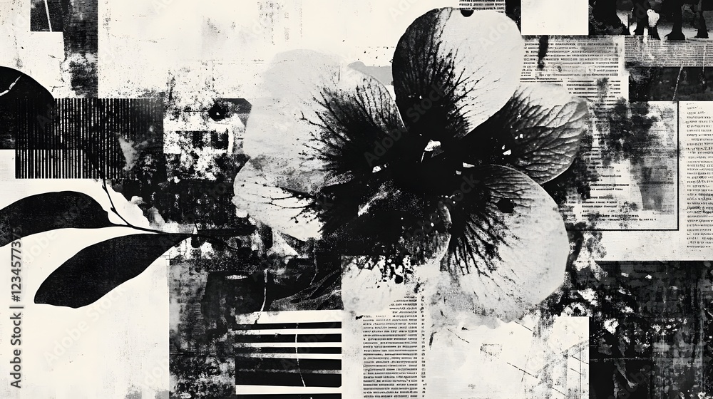 Poster Surreal floral composition in monochromatic tones with a captivating dreamlike abstract nature scene featuring fragmented layered elements creating a visually striking and imaginative display