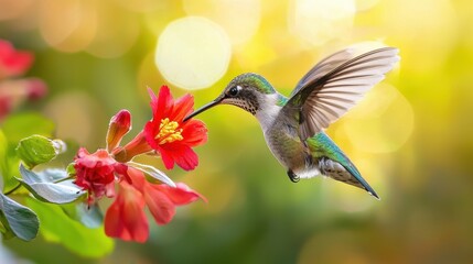 Fototapeta premium Vibrant Hummingbird Drinking Nectar from Bright Red Flower