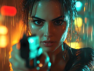 Intense standoff during a rainstorm in a vibrant urban setting with a determined woman aiming a gun