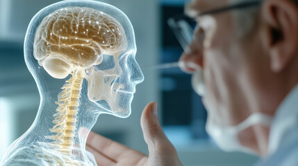 doctor examining holographic human anatomy model, showcasing brain and spine