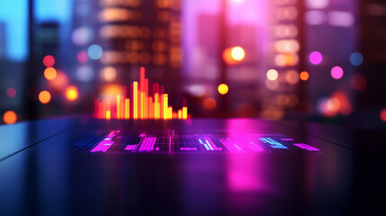 Futuristic business meeting with glowing charts in high tech office space