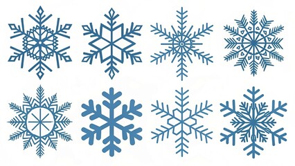 Winter snowflake icon collection. Includes various intricate and simple ice crystal shapes, some with radial patterns and others with geometric designs. Created in flat style with a blue color