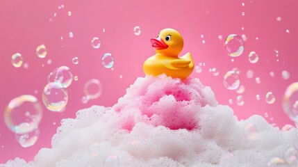Hot pink background with a funny rubber duck sitting atop a mountain of soap suds, as bubbles float around.