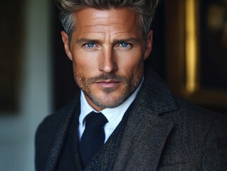 Stylish man with tousled hair and piercing blue eyes wearing a tailored suit in a well-lit interior setting