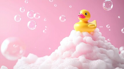 Hot pink background with a funny rubber duck sitting atop a mountain of soap suds, as bubbles float around.