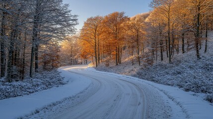 Obraz premium A snowy winter forest pathway winding through towering frost-covered trees, illuminated by the pale golden light of a rising sun. The fresh snow crunches softly underfoot, creating a peaceful 