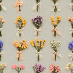 Bunches of colorful dried flowers displayed on a textured fabric background set in a calm indoor space