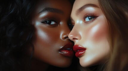 Two women with striking features gently touching their faces, highlighting beauty in diversity during a close-up portrait session