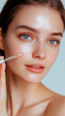Woman applying facial serum for skincare at home in natural light