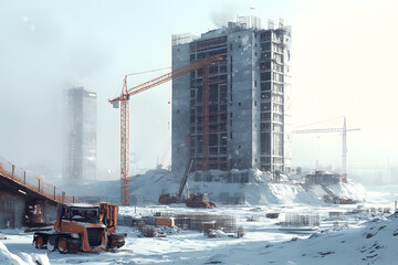 Obraz premium Winter Construction Site with High-Rise Building Under Construction