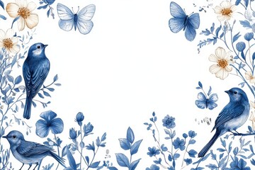 Blue birds and butterflies surrounded by delicate flowers in a nature-inspired design
