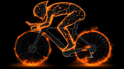 Fototapeta premium vector, on a racing bicycle, chafes with flames, flames behind him, black background,