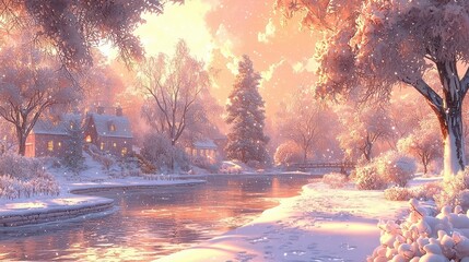 Naklejka premium A snowy winter pathway winding through a forest of frost-covered trees, illuminated by the golden light of dawn. The snow sparkles under the soft sunlight, creating a magical and tranquil atmosphere. 