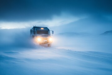 Camper confronting fierce snowstorm in the Arctic wilderness during an expedition