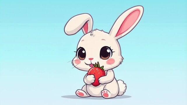 Adorable White Bunny Enjoying a Delicious Strawberry