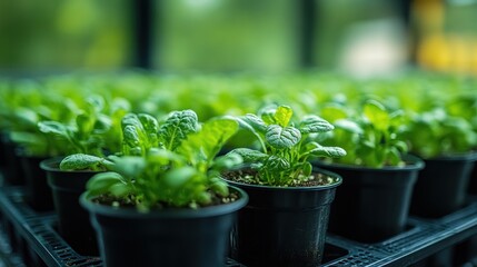 Greenhouse seedlings in black pots
