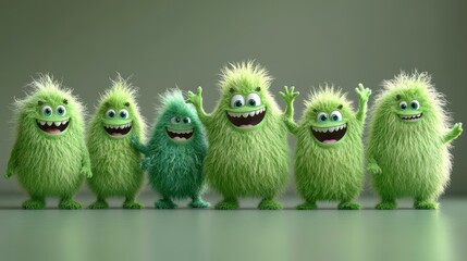 Fototapeta premium A group of cheerful, furry green creatures standing together and waving.