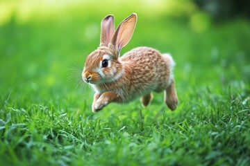 Fototapeta premium Rabbit joyfully jumping through lush green grass in a vibrant meadow