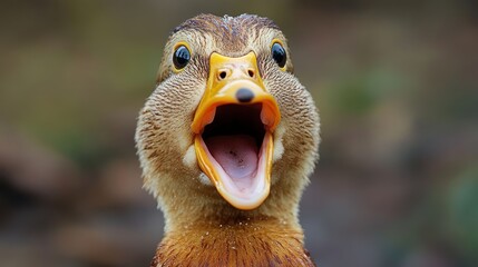 Excited Duck's Wide-Open Mouth in Autumnal Park