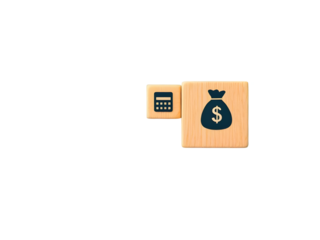 Wooden blocks money bag icon dollar sign teal background financial concept