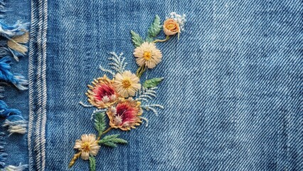 Distressed denim jeans background with faded embroidery and frayed hem, fashion, vintage,  fashion, vintage,denim, casual