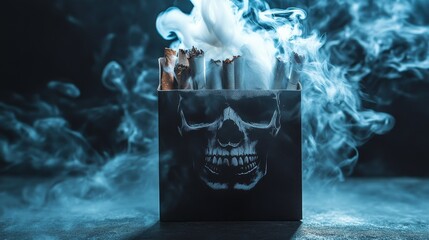 Fototapeta premium Cigarette pack emitting a skull-shaped smoke effect emphasizes anti-smoking message