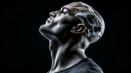 Man, skull, profile, dark background, futuristic concept