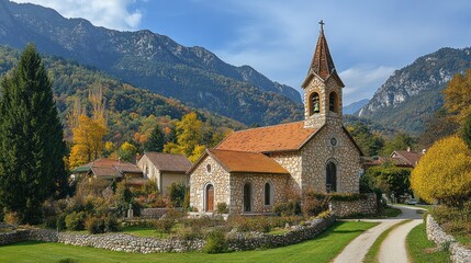 Fototapeta premium Autumnal Alpine Village Church Scenic Landscape
