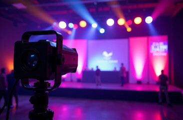 Lighting used for events. In the background, a blurred stage with decorative elements suitable for events, such as backdrops and banners. 