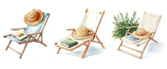 Set of relaxing beach chairs with straw hats and books create serene atmosphere. Watercolor clip art, clipart, isolated on white background.