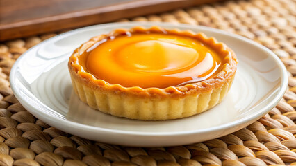 Lucuma dessert tart on white plate, delicious treat, cozy food styling