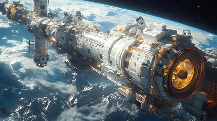 Astronauts on a futuristic space station orbiting Earth, viewed from a distance, showcasing detailed design and Earth's curvature.