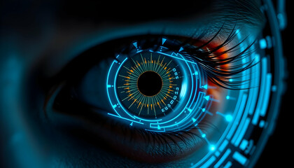 futuristic eye interface, cybernetic vision, digital iris, holographic display, glowing blue technology, sci-fi HUD, high-tech biometric scanner, abstract circular patterns, neon circuits, cyber secur