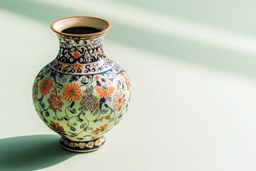 Hand-painted ceramic vase with traditional motifs, isolated on a light green backdrop.