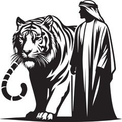 tiger and man silhouette victor style image with white and block background.