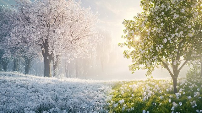 a snowy landscape merging with a bright, colorful, warm landscape, representing the transition from winter to spring