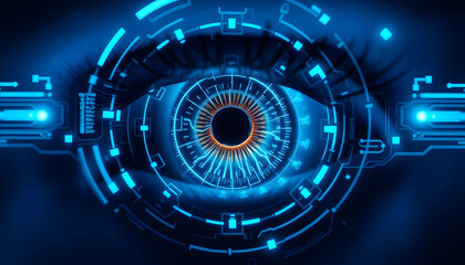 futuristic eye interface, cybernetic vision, digital iris, holographic display, glowing blue technology, sci-fi HUD, high-tech biometric scanner, abstract circular patterns, neon circuits, cyber secur