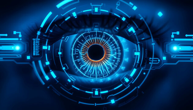 futuristic eye interface, cybernetic vision, digital iris, holographic display, glowing blue technology, sci-fi HUD, high-tech biometric scanner, abstract circular patterns, neon circuits, cyber secur