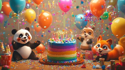 Fototapeta premium A magical birthday party scene with a rainbow-colored cake, sparkling balloons, fun party decorations, playful animals like a panda and a fox, all surrounded by confetti and a joyful atmosphere. 