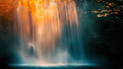 Autumn Waterfall Nature Scene, Forest Backdrop, Serenity